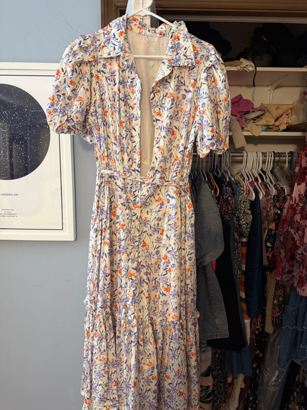 Cream Floral Maxi Dress with Blue & Orange Print